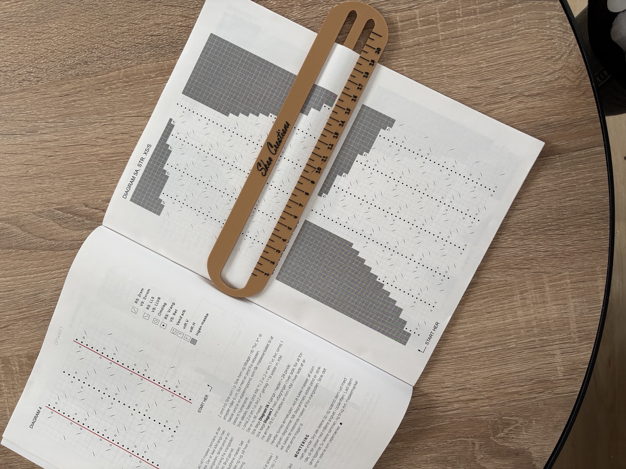 Åben lineal skubbet ned over side i strikkemagasin
